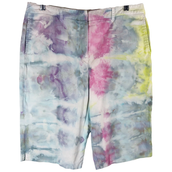 Larry Levine Size 14 Shorts Lime Squeeze‎ Handmade Tie Dye Green Blue 224 - Picture 1 of 11